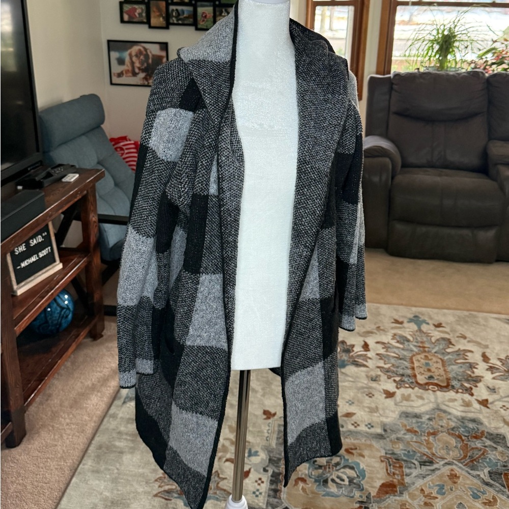 Fortune + Ivy Gray Black Hooded Cardigan Sweater XL Open Front